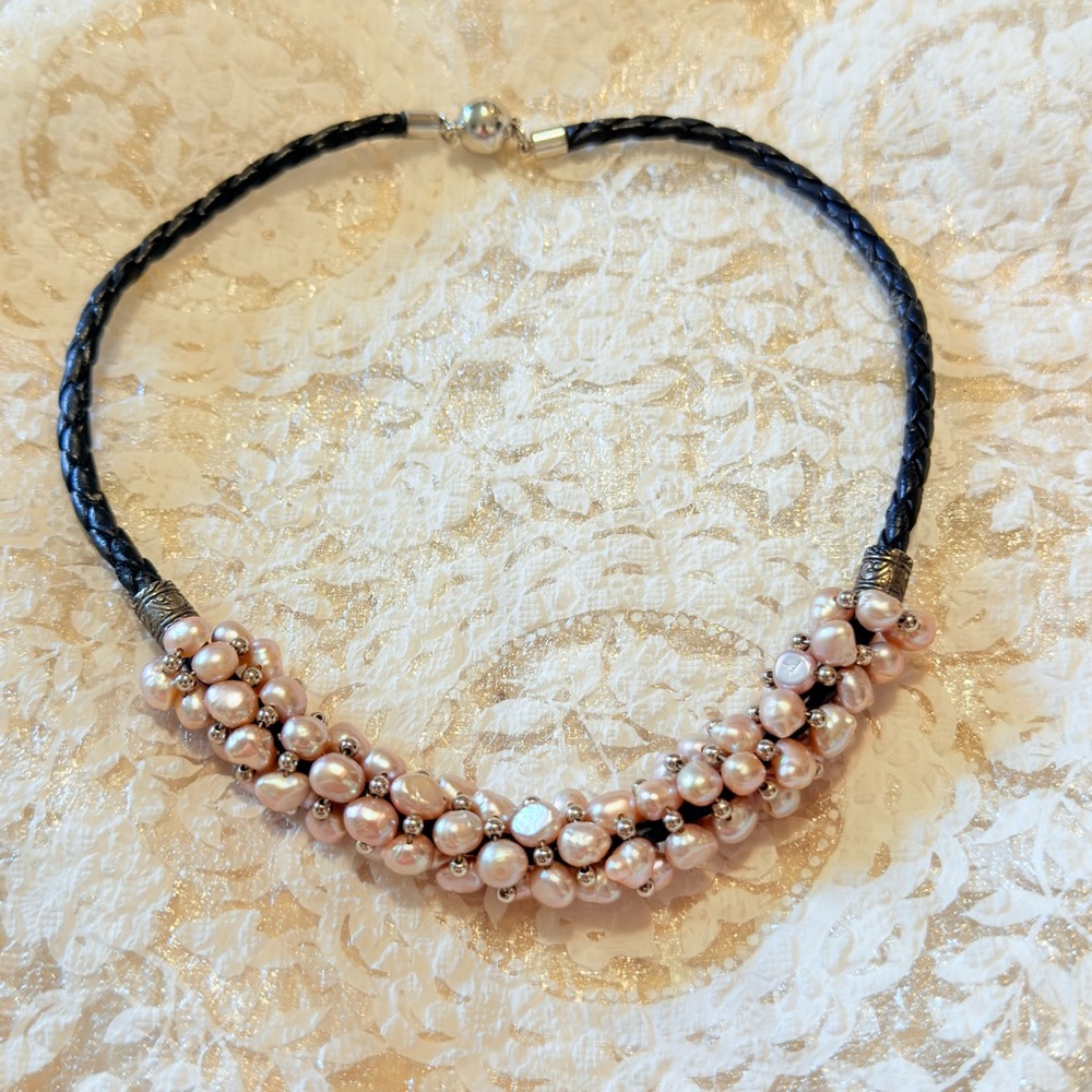 Elegant Pink Pearl Cluster Necklace with Black Braided Cord